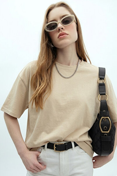 COMBİNE MİCHAİL Kadın Kısa Kol Pamuklu Bej Oversize Tişört