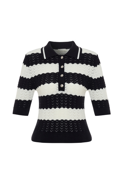 Mudo Striped Polo Neck Short Sleeve Knitting Sweater