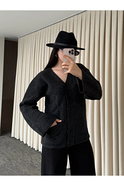 Laluvia Anthracite Buttoned Basic Cardigan - 4622