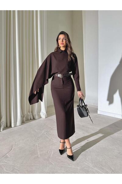 ALVOR قميص مع شال وتنورة ميدي عالية الخصر طقم نسائي من قطعتين