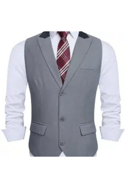 HISDERN Men's vest, sleeveless, light gray, classic, with lapel, size XL,
