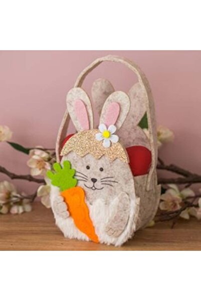 SHOPIENS Coș decorativ de Paște cu mâner Iepuraș bej cu morcov 11 x 7 x 22 cm