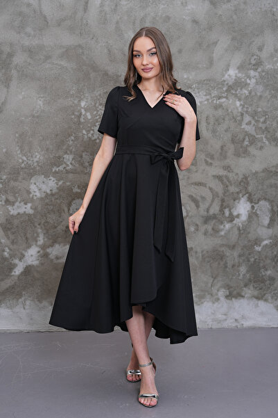 MAG FASHİON Plus Size Dress with Ruffled Collar and Sleeves, Asymmetrical Cut...
