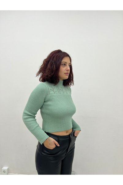 Lavinza Women's Lace-Like Knit Half Turtleneck Sweater Knitwear Patterned Stylish Comfortable Casual Combination Sweater