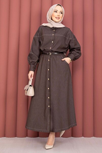 EBRUTESETTÜR طقم تينسل للملابس المحجبة مع قميص وتنورة باللون البني