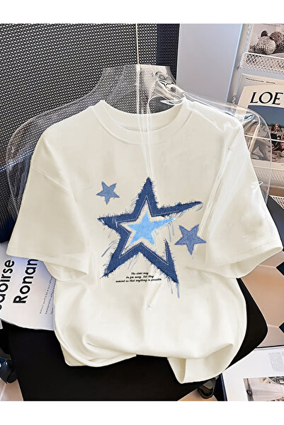 Let's Wear Yıldız Denim Fabric Printed 100% P Cotton U Premium Tshirt with Bi...