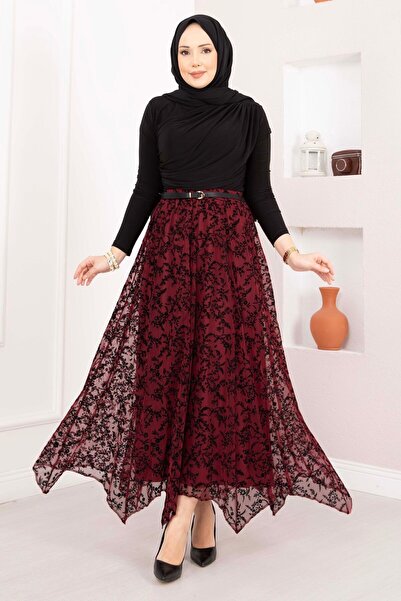 EBRUTESETTÜR Flok Baskılı Asimetrik Kesim Tül Etek Mürdüm