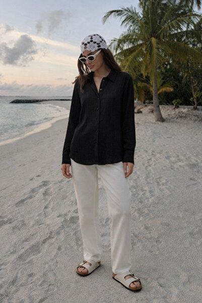 COMBİNE MİCHAİL Дамска ленена лятна черна широка риза