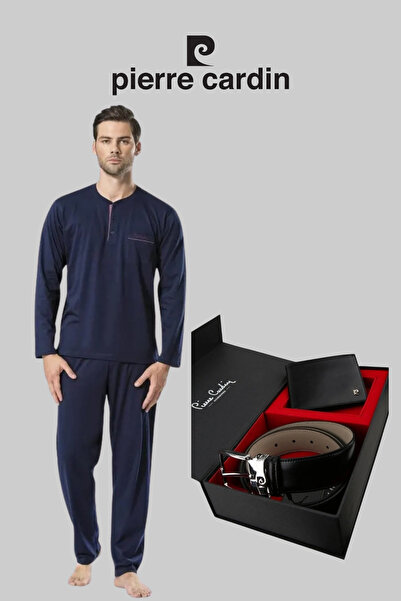 Pierre Cardin Men's Navy Blue Cotton Piece Dowry Boxed Pajama Set Belt & Wall...
