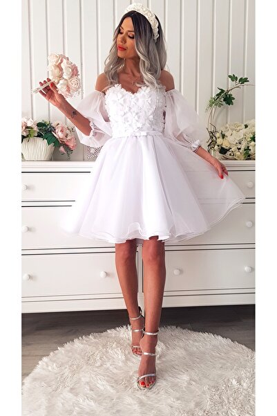 Voguesta Short Wedding Dress Lace 3D and Tulle Bella White