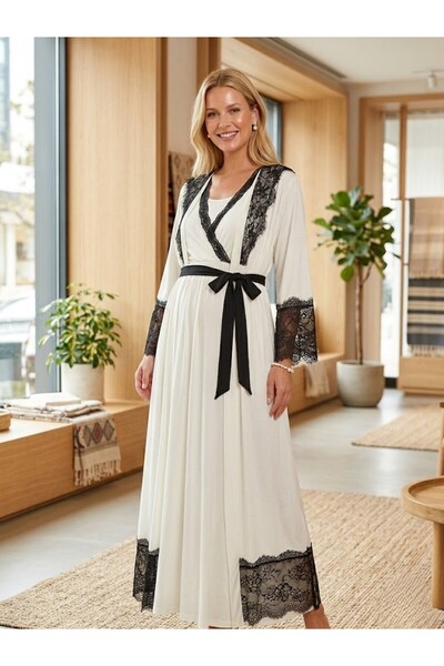 Lohusa Homewear New Season Ecru Maternity Elegant Lace Detailed Full Length %...