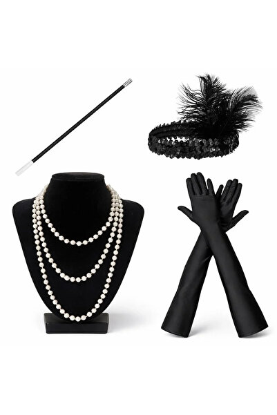 magicool 1920S Charleston Accessory Set – Pearl Necklace, Gloves, Holder, Bla...