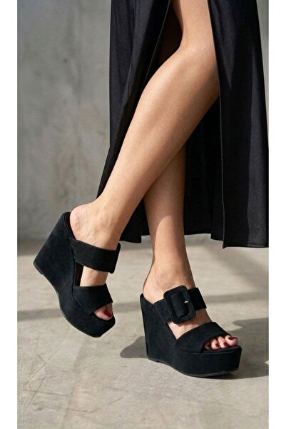 Modanizm Funz Siyah Süet Dolgu Topuklu Terlik