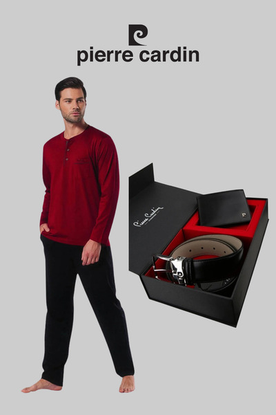Pierre Cardin Men's Burgundy Cotton Piece Dowry Boxed Pajama Set Belt & Walle...