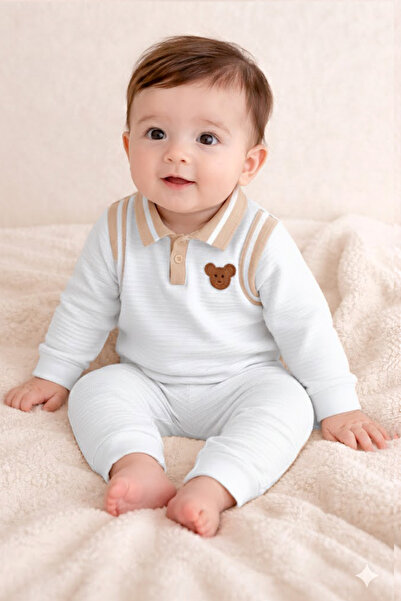 Stylein Baby Boy Ribbed Polo Sweatshirt & Pants Set – White/Beige