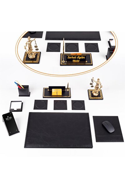 Ofistike Opta 10 Parça Themis Biblolu Siyah Deri Sümen Seti Takımı Gold Kalem...