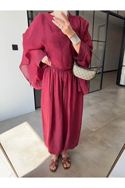 BB Bensu Buyruk Pantaloni shalwar elastici, roșu claret