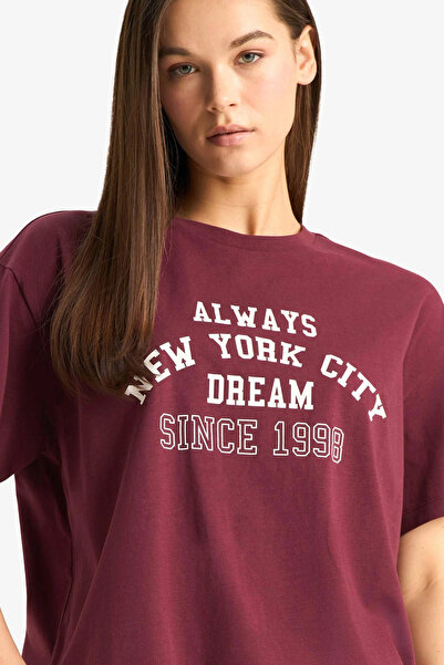 DeFacto E9741Axbr98 Claret Red Oversized Wide Fit Crew Neck Printed Short Sle...