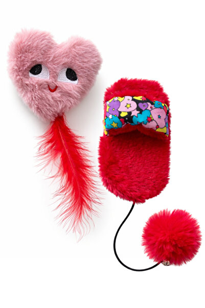 Miyav Slipper Cat Toys with Furry Rustling Hearts and Bells and Pompoms, Set ...