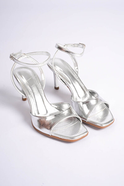 LEVONYA Milano Women's Silver Blunt Toe Single Band Open Toe Heeled Shoes