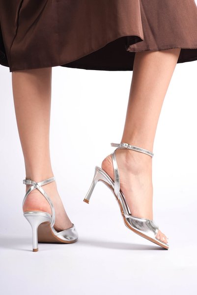 LEVONYA Milano Women's Silver Blunt Toe Single Band Open Toe Heeled Shoes