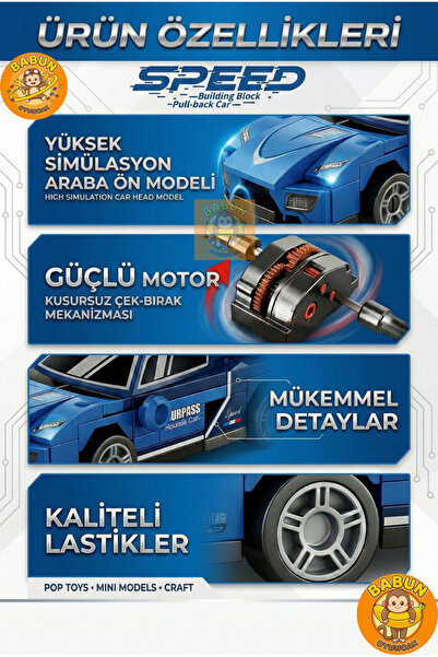 SPEED Bricks Mini Lego Araba Yapı Blok Seti - Çek-Bırak Spor Araba Yapım Seti -Speed Lacivert (64 Parça)