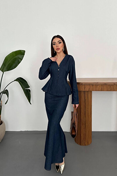 cemo Kadın V Yaka Düğme Detaylı Denim Takım Uzun Etekli