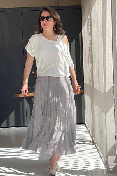 MİSLİNA BUTİK Puantiye Desen Piliseli Ekru Elbise