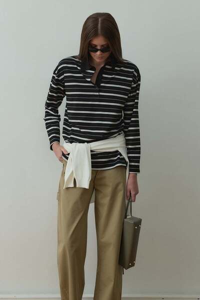 Suud Collection Black Monroe Striped Polo Neck T-Shirt