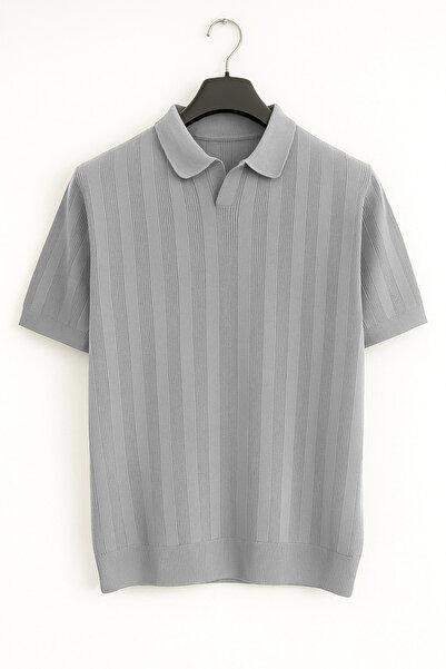 Edwox Tricou tricotat cu guler deschis pentru bărbați, gri Cd103