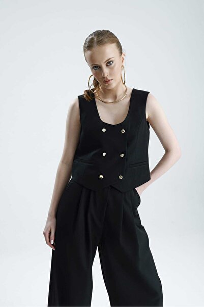 GACA COLLECTION Hi̇la Gold Buttoned Black Premium Vest
