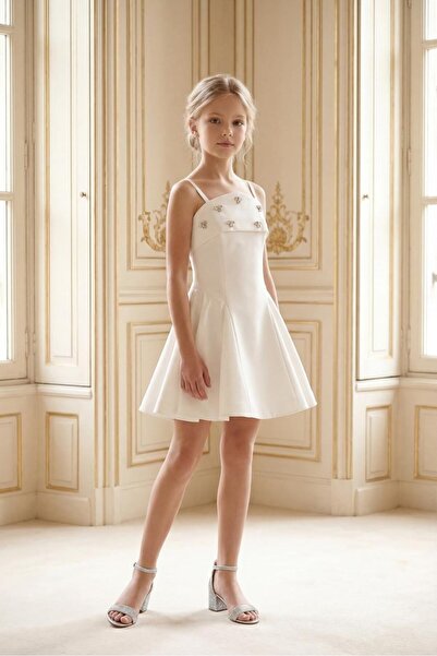 BUTİKHAPPYKİDS Girl's Evening Dress Cream Stone Embroidered K Crepe Strap You...