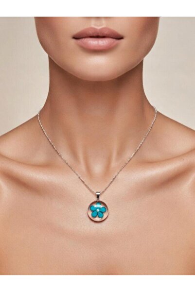 naturel glow Doğal murano Cam Detaylı Mavi Çiçekli Kolye ucu