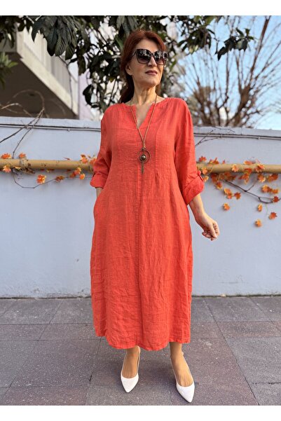 DenizEge Italian Back Elastic K Linen Dress Pomegranate Flower