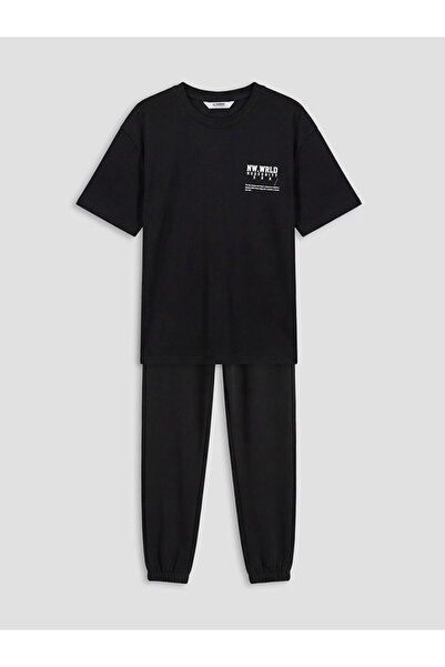 LC Waikiki Μαύρο εμπριμέ μπλουζάκι και φούτερ για αγόρια