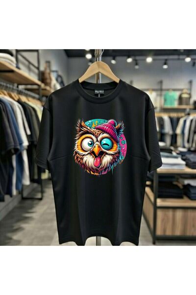 playwear Tricou cu guler rotund, cu imprimeu Beret Owl, 100% bumbac, supradim...