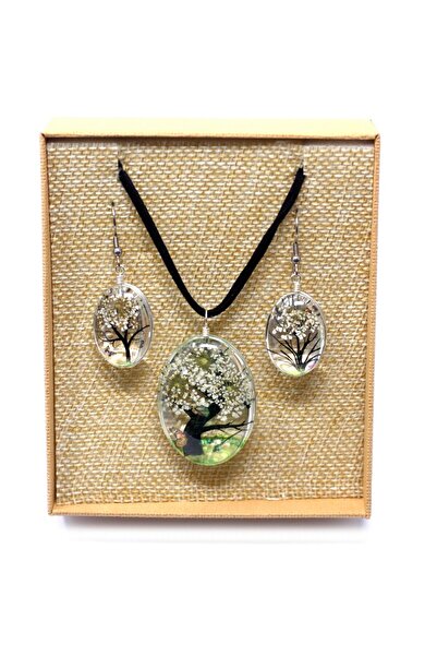 AW Gifts Set colier si cercei din flori naturale presate - Copacul Vietii - Alb