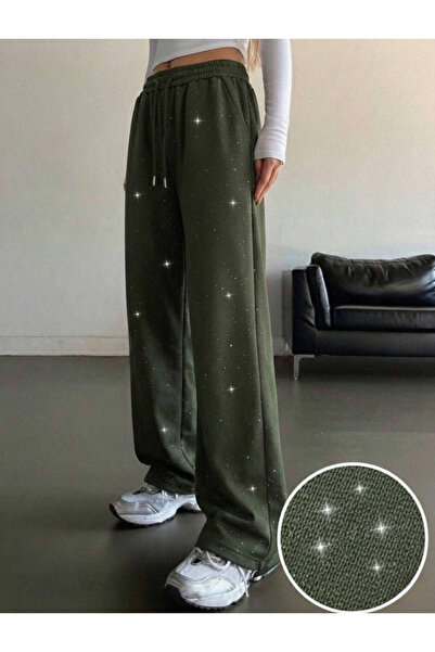 Bravebell Glow Silvery Glitter Stone Detailed Baggy Sweatpants