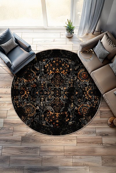 BigArts Home Siyah Turuncu Eskitme Desenli Şönil Halı Kaymaz Taban Salon Halı...