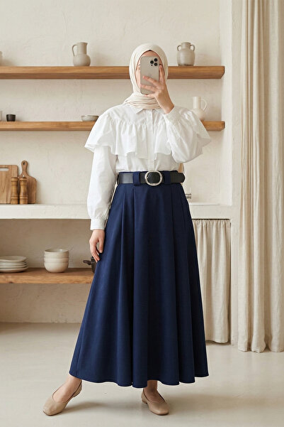 MODAQU Belt Piece Tivil Skirt with Pleated Pocketed Zippers on the Front - Na...
