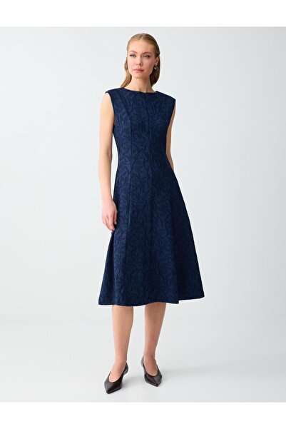 Jimmy Key Lacivert Dar Kesim Yuvarlak Yaka Desenli Örme Midi Elbise