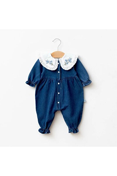 Momercy Baby Girl Vintage Collar Embroidered Lace Piece Denim Jumpsuit