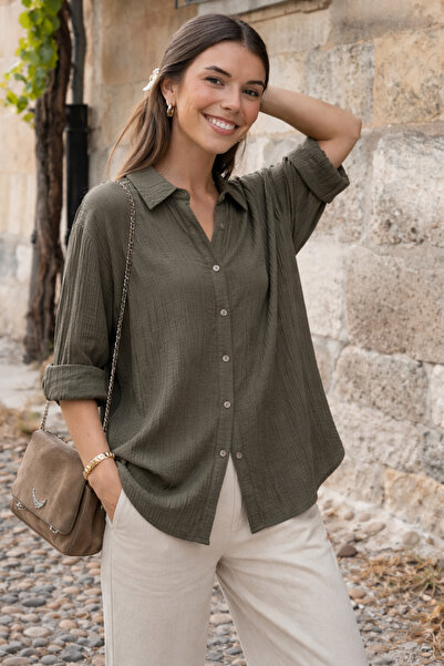 COMBİNE MİCHAİL Women's Cotton Pack Long Sleeve Oversized Khaki Shirts