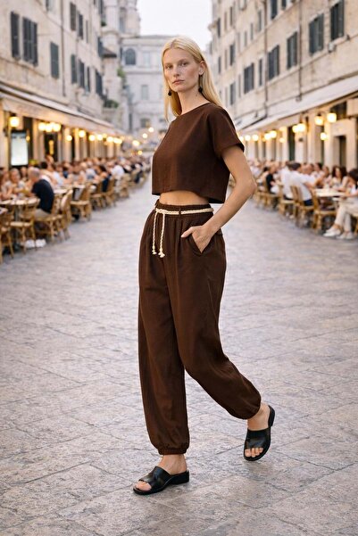 ibeeka Via Roma Stylish Cotton Viscose Trousers - Coffee - Brown - m