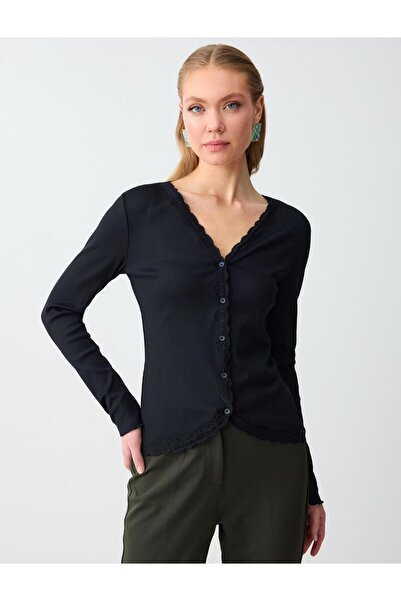 Jimmy Key Siyah Uzun Kollu V Yaka Dar Kesim Örme Hırka