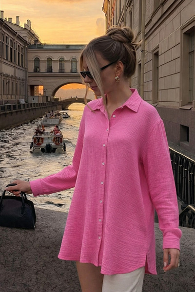 COMBİNE MİCHAİL Women's Linen Look Oversized Pink Shirt