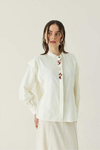 ZÜLAYS Çiçek Nakışlı Keten Gömlek Beyaz