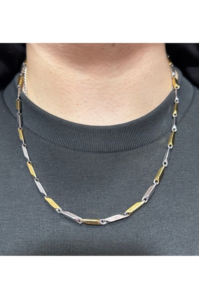 NikaŞ Men's Steel Necklace Silver Gold Double Color - Modern Design Stainless...