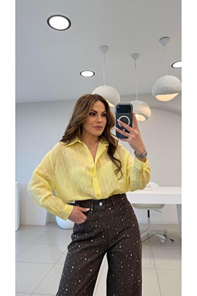 Şulenin Butiği ÇİZGİLİ TÜL GÖMLEK SARI