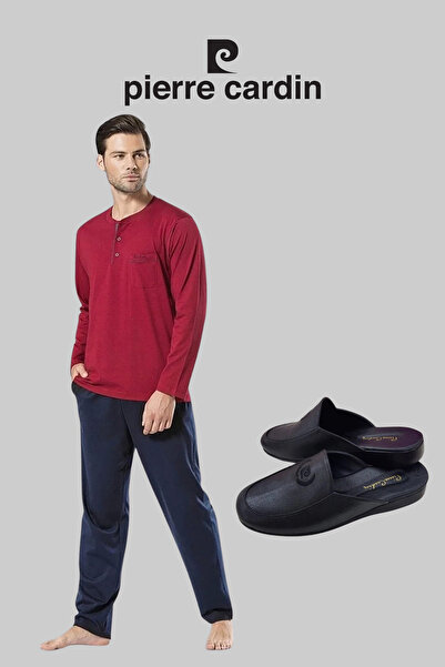 Pierre Cardin Men's Burgundy Cotton Piece Dowry Boxed Pajama Set Slipper Set